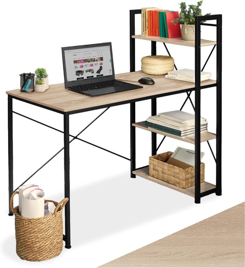 Tectake Bureau met kast Computerbureau met 3 planken Bureautafel van hout en metaal Industrieel design Zwart metalen frame Afmetingen (LxBxH) 122 x 61 x 120 cm Lichtbruin