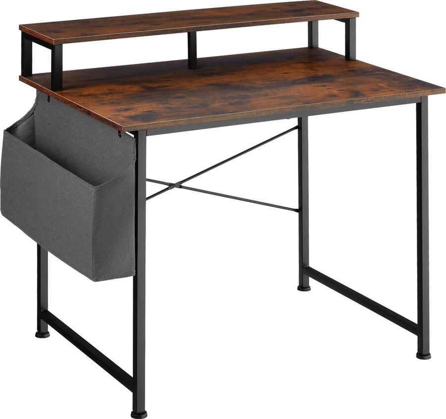 Tectake Bureau met opbergtas en monitorstandaard Computerbureau Houten bureaublad Industrieel design Zwart metalen frame Afmetingen (LxBxH) 120 x 55x 90 cm Donkerbruin - Foto 2