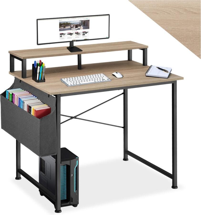 Tectake Bureau met opbergtas en monitorstandaard Computerbureau Houten bureaublad Industrieel design Zwart metalen frame Afmetingen (LxBxH) 120 x 55x 90 cm Lichtbruin