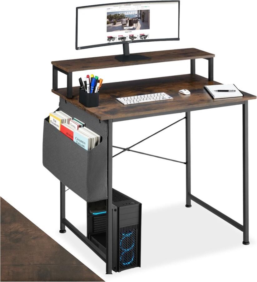 Tectake Bureau met opbergtas en monitorstandaard Computerbureau Houten bureaublad Industrieel design Zwart metalen frame Afmetingen (LxBxH) 80 x 55x 90 cm Donkerbruin - Foto 2