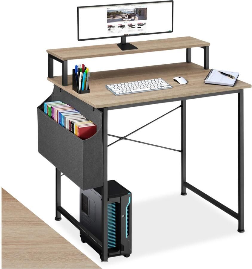 Tectake Bureau met opbergtas en monitorstandaard Computerbureau Houten bureaublad Industrieel design Zwart metalen frame Afmetingen (LxBxH) 80 x 55x 90 cm Lichtbruin