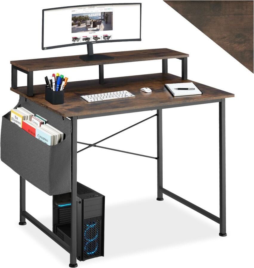 Tectake Bureau met opbergtas en monitorstandaard Computerbureau Houten bureaublad Industrieel design Zwart metalen frame Afmetingen (LxBxH) 120 x 55x 90 cm Donkerbruin