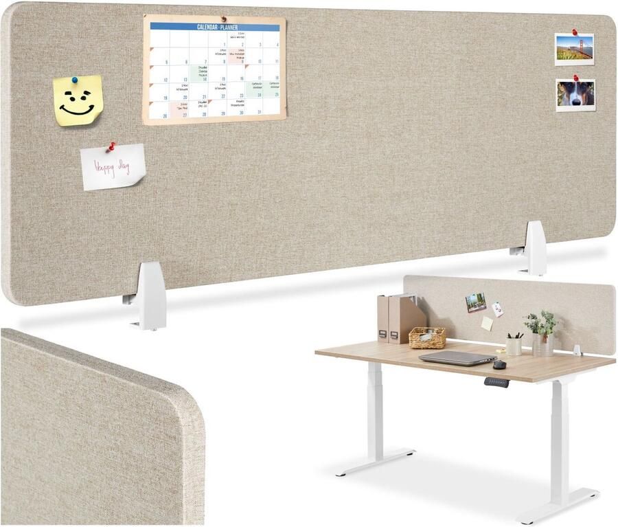 Tectake Bureauscherm scheidingswand Noisy Met geluidsabsorberende PET-kern Inclusief 2 bevestigingsklemmen Afmeting (LxB) 130 x 40 cm Beige