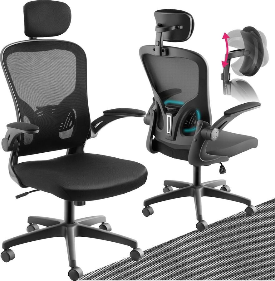 Tectake Bureaustoel Ergonomische directiestoel Hoofdsteun Draaistoel Traploze verstelbaarheid zithoogte Hoogteverstelbare lendensteun Armleuningen Kantelfunctie zwart