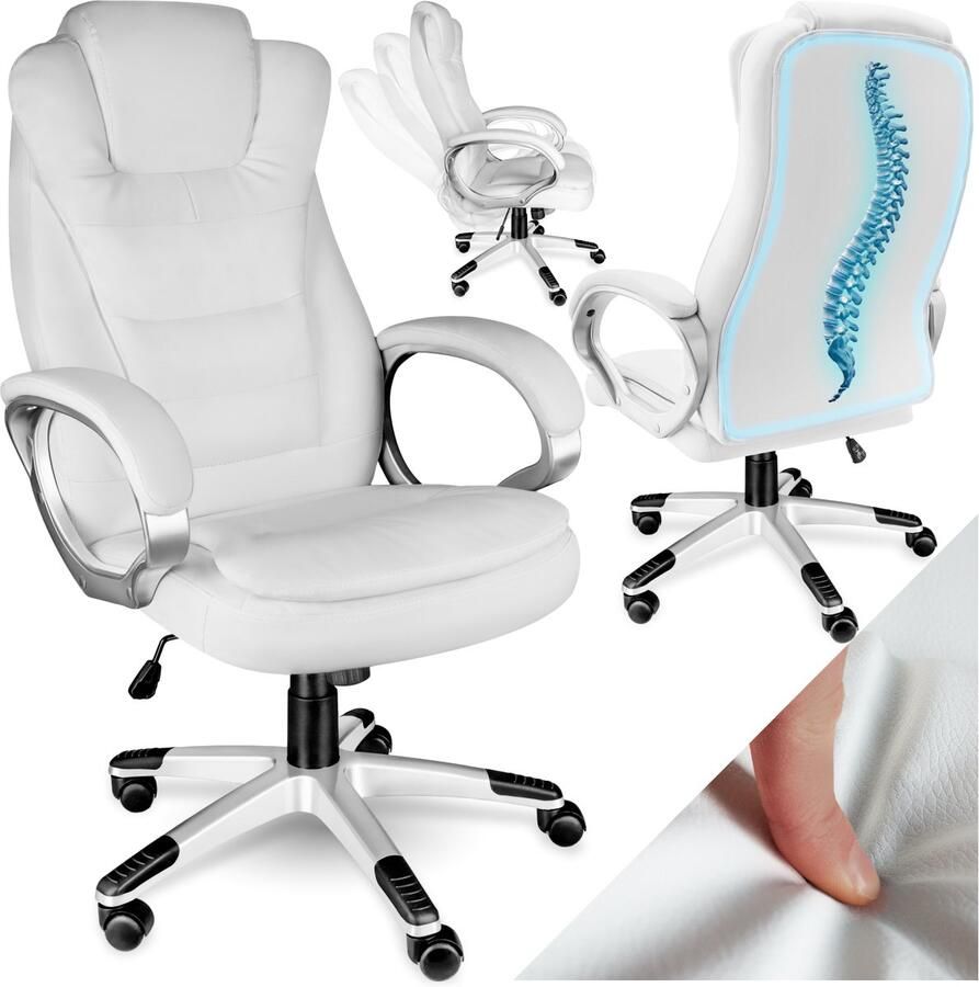 Tectake Bureaustoel Luxe directiestoel Draaistoel met wielen In hoogte verstelbaar Ergonomische computerstoel van kunstleer Inclusief armleuningen en kantelmechanisme Vulling 12 cm Zithoogte 47-55 cm Wit - Foto 2