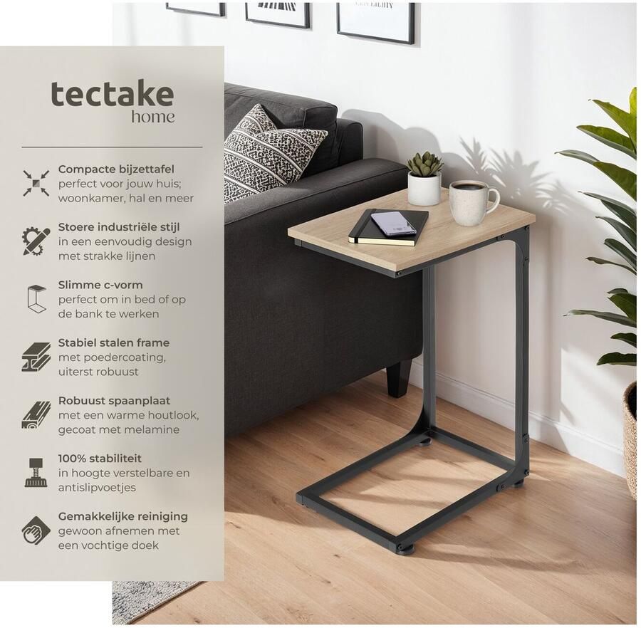 Tectake C-vormige bijzettafel in industrieel design 30 x 40 x 63 cm salontafel voor koffie laptop bank bed woonkamer slaapkamer zwart metalen frame (industrieel donkerbruin) - Foto 2