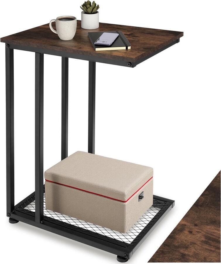 Tectake C-Vormige Bijzettafel van Hout en Metaal – Industrieel Design Salontafel met Gaasplank 48x35x66 cm Zwart Metalen Frame – Industrial Dark Brown - Foto 2