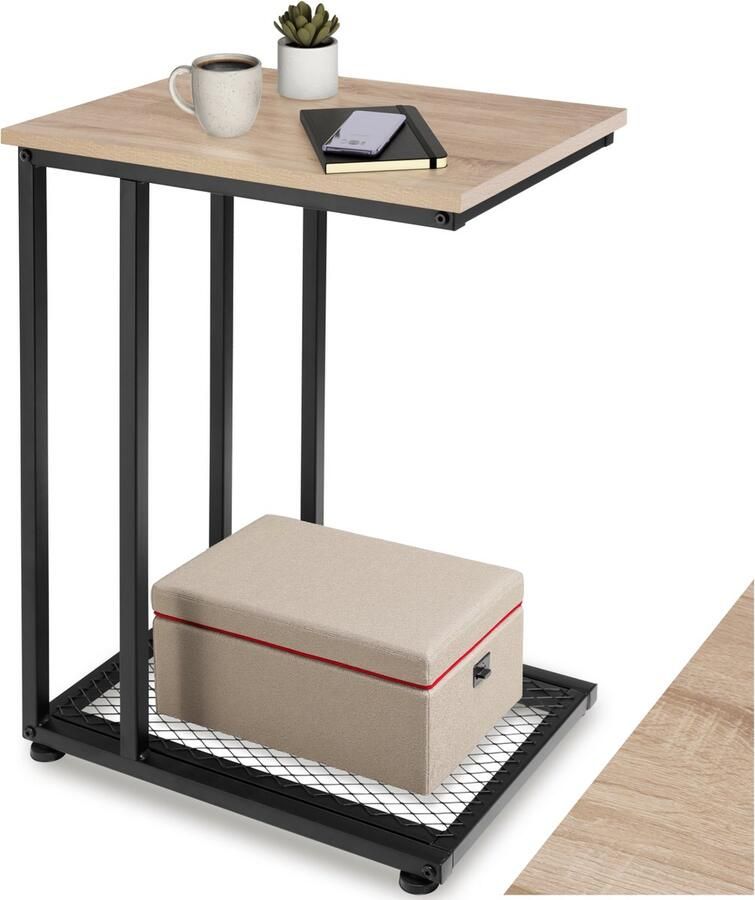 Tectake C-Vormige Bijzettafel van Hout en Metaal Industrieel Design Salontafel met Roosterplank 48 x 35 x 66 cm Zwart Metalen Frame (Industrieel Licht Hout Sonoma Eiken) - Foto 2