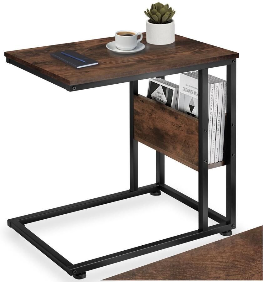 Tectake C-Vormige Bijzettafel van Hout en Metaal – Industrieel Design Salontafel met Zijvak 55x36 5x60 cm Zwart Metalen Frame – industrial dark