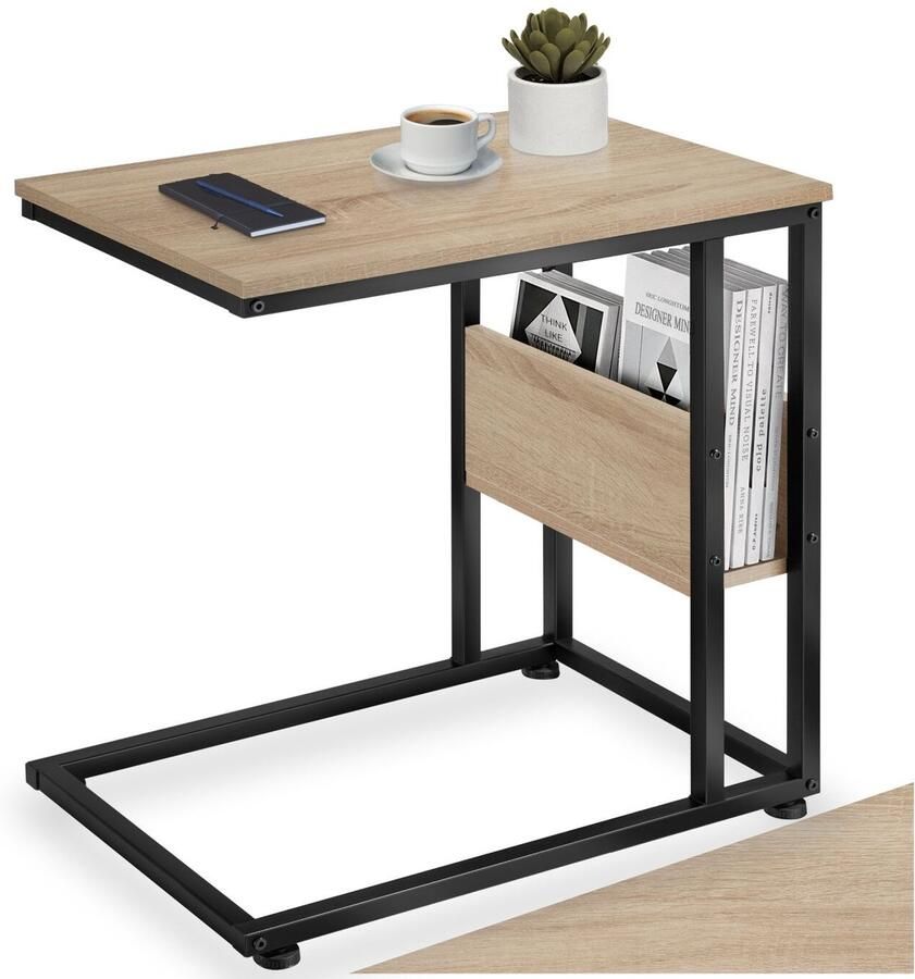 Tectake C-Vormige Bijzettafel van Hout en Metaal – Industrieel Design Salontafel met Zijvak 55x36 5x60 cm Zwart Metalen Frame – Licht Sonoma Eiken