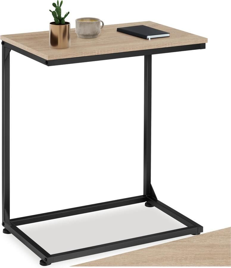 Tectake C-Vormige Bijzettafel van Hout en Metaal – Industriële Stijl Vintage Laptoptafel voor Bed of Bank 55 5x35x67 cm Zwart Metalen Frame – Licht Sonoma Eiken