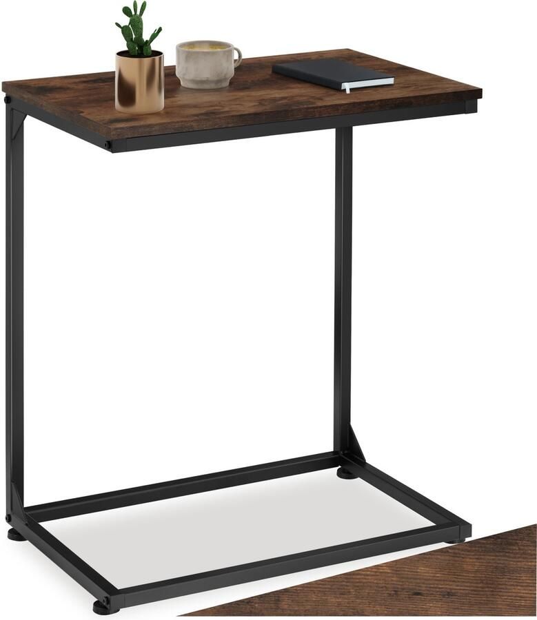Tectake C-Vormige Bijzettafel van Hout en Metaal – Industriële Stijl Vintage Laptoptafel voor Bed of Bank 55 5x35x67 cm Zwart Metalen Frame – Industrial Dark Brown