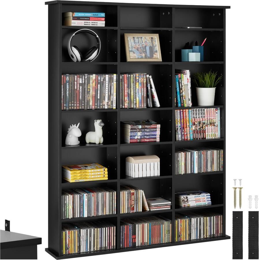 Tectake CD DVD Blu-ray kast Boekenkast 18 flexibel verstelbare planken Houten mediakast met kantelbeveiliging Plankstandaard Afmeting (LxDxH) 105 5 x 19 x 136 5 cm Zwart