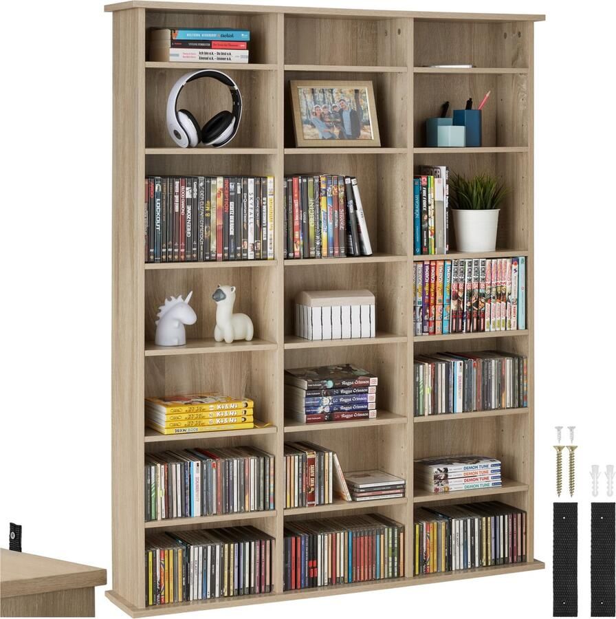 Tectake CD DVD Blu-ray kast Boekenkast 18 flexibel verstelbare planken Houten mediakast met kantelbeveiliging Plankstandaard Afmeting (LxDxH) 105 5 x 19 x 136 5 cm Lichtbruin - Foto 2