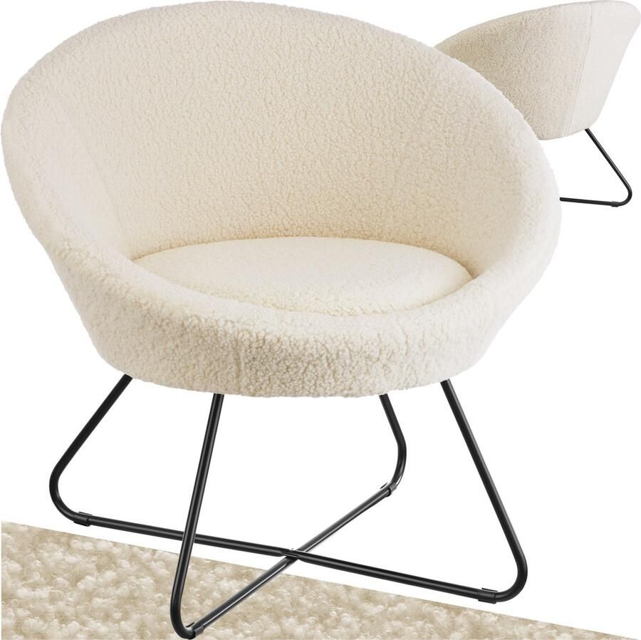 Tectake Cocktail Stoel Centera Gestoffeerde Ronde Loungestoel in Scandi-Stijl Bouclé-Bekleding Solide Stalen Frame Comfortabele Oor Fauteuil voor Woonkamer Slaapkamer of Lounge Gebroken Wit - Foto 2