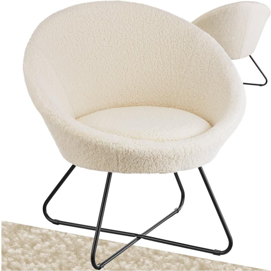 Tectake Cocktail Stoel Centera Gestoffeerde Ronde Loungestoel in Scandi-Stijl Bouclé-Bekleding Solide Stalen Frame Comfortabele Oor Fauteuil voor Woonkamer Slaapkamer of Lounge Gebroken Wit