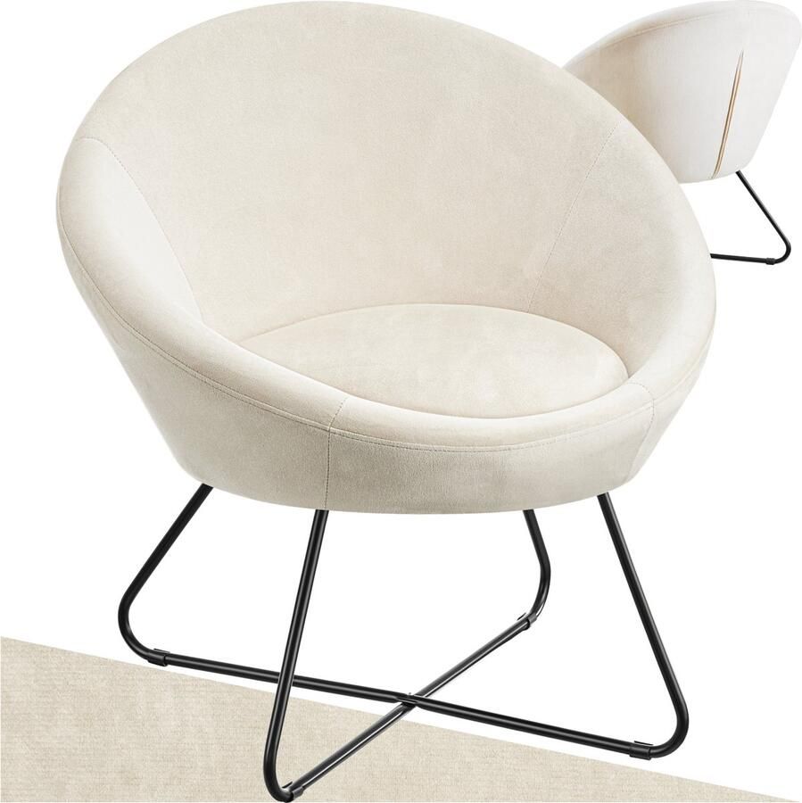 Tectake Cocktail Stoel Centera Gestoffeerde Ronde Loungestoel in Scandi-Stijl Fluweellook-Bekleding Solide Stalen Frame Comfortabele Oor Fauteuil voor Woonkamer Slaapkamer of Lounge Beige
