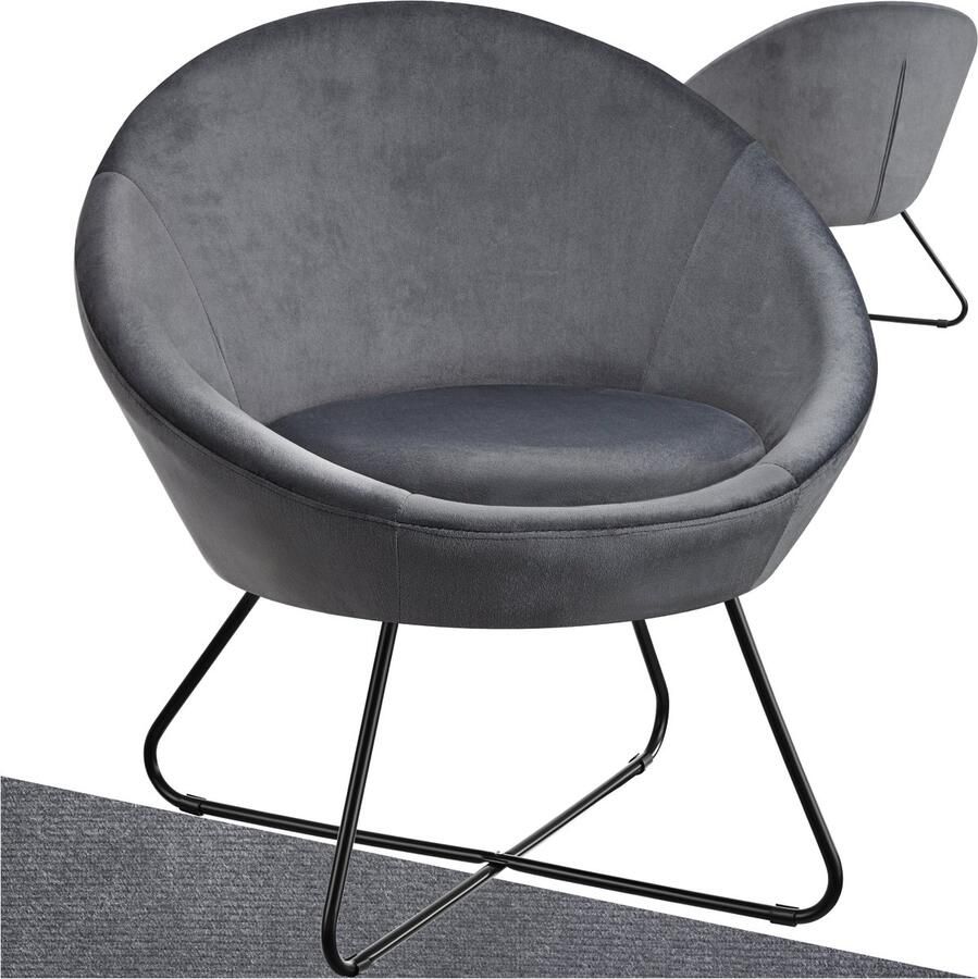 Tectake Cocktail Stoel Centera Gestoffeerde Ronde Loungestoel in Scandi-Stijl Fluweellook-Bekleding Solide Stalen Frame Comfortabele Oor Fauteuil voor Woonkamer Slaapkamer of Lounge Antraciet
