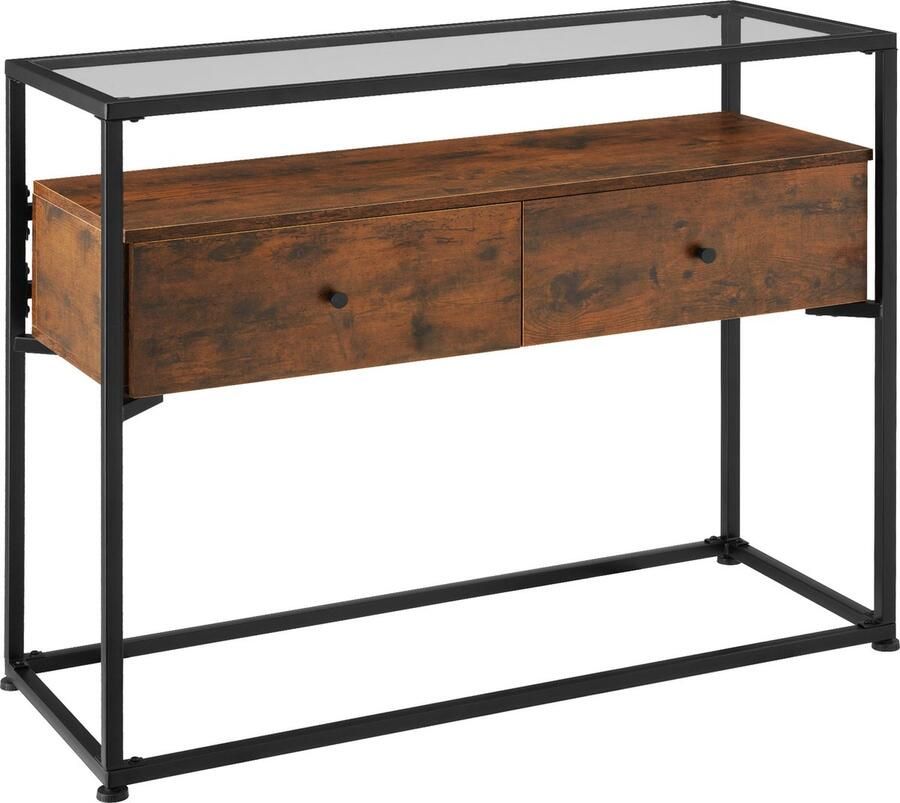 Tectake Consoletafel met 2 lades en glazen blad Sidetable met 2 niveaus Houten dressoir met glazen blad Industrieel design Zwart metalen frame Afmeting (LxBxH) 101 5 x 41 5 x 80 5 cm Donkerbruin - Foto 2