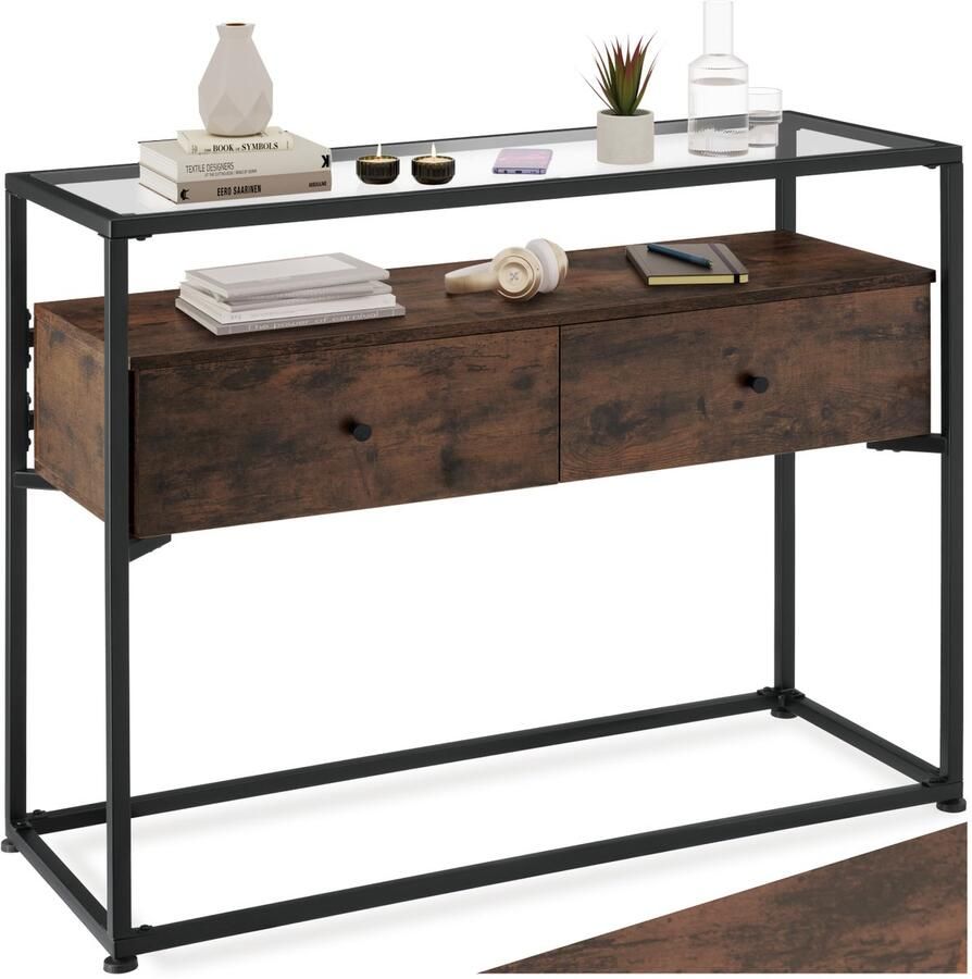 Tectake Consoletafel met 2 lades en glazen blad Sidetable met 2 niveaus Houten dressoir met glazen blad Industrieel design Zwart metalen frame Afmeting (LxBxH) 101 5 x 41 5 x 80 5 cm Donkerbruin