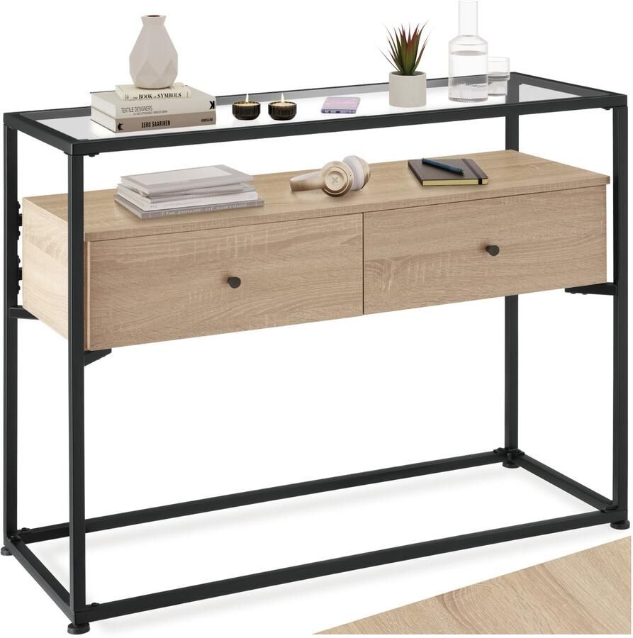 Tectake Consoletafel met 2 lades en glazen blad Sidetable met 2 niveaus Houten dressoir met glazen blad Industrieel design Zwart metalen frame Afmeting (LxBxH) 101 5 x 41 5 x 80 5 cm Lichtbruin
