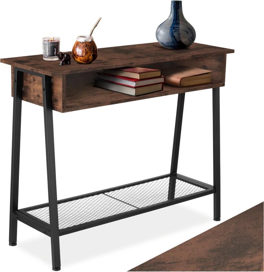 Tectake Consoletafel met opbergvak Sidetable Houten dressoir met roosterplank Industrieel design Zwart metalen frame in trapeziumvorm Afmeting (LxBxH) 100 x 35 x 80 5 cm Donkerbruin