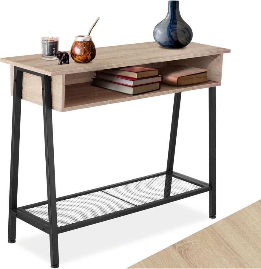 Tectake Consoletafel met opbergvak Sidetable Houten dressoir met roosterplank Industrieel design Zwart metalen frame in trapeziumvorm Afmeting (LxBxH) 100 x 35 x 80 5 cm Lichtbruin