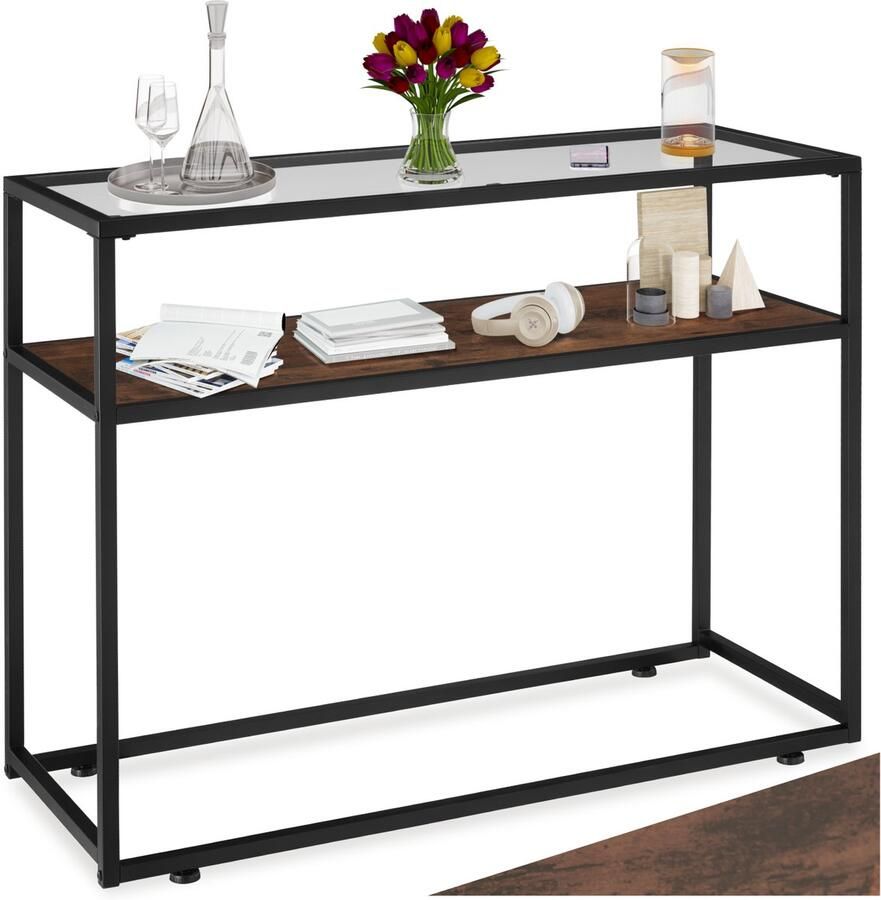 Tectake Consoletafel met plank en glazen blad Sidetable met 2 niveaus Dressoir met glazen blad voor in woonkamer hal keuken Industrieel design Zwart metalen frame Afmeting (LxBxH) 100 x 41 x 80 5 cm Donkerbruin