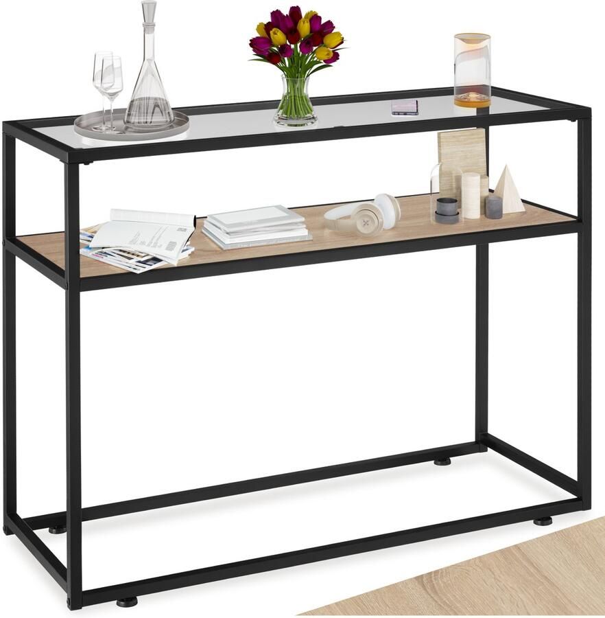Tectake Consoletafel met plank en glazen blad Sidetable met 2 niveaus Dressoir met glazen blad voor in woonkamer hal keuken Industrieel design Zwart metalen frame Afmeting (LxBxH) 100 x 41 x 80 5 cm Lichtbruin