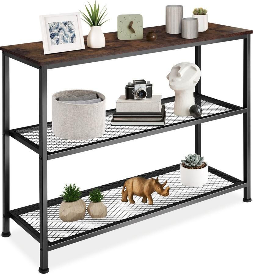 Tectake Consoletafel van hout en metaal Slanke haltafel 2 roosterplanken Perfect voor hal of woonkamer Industrieel design Zwart metalen frame Afmeting (LxBxH) 100 x 30 x 81 cm Donkerbruin - Foto 1