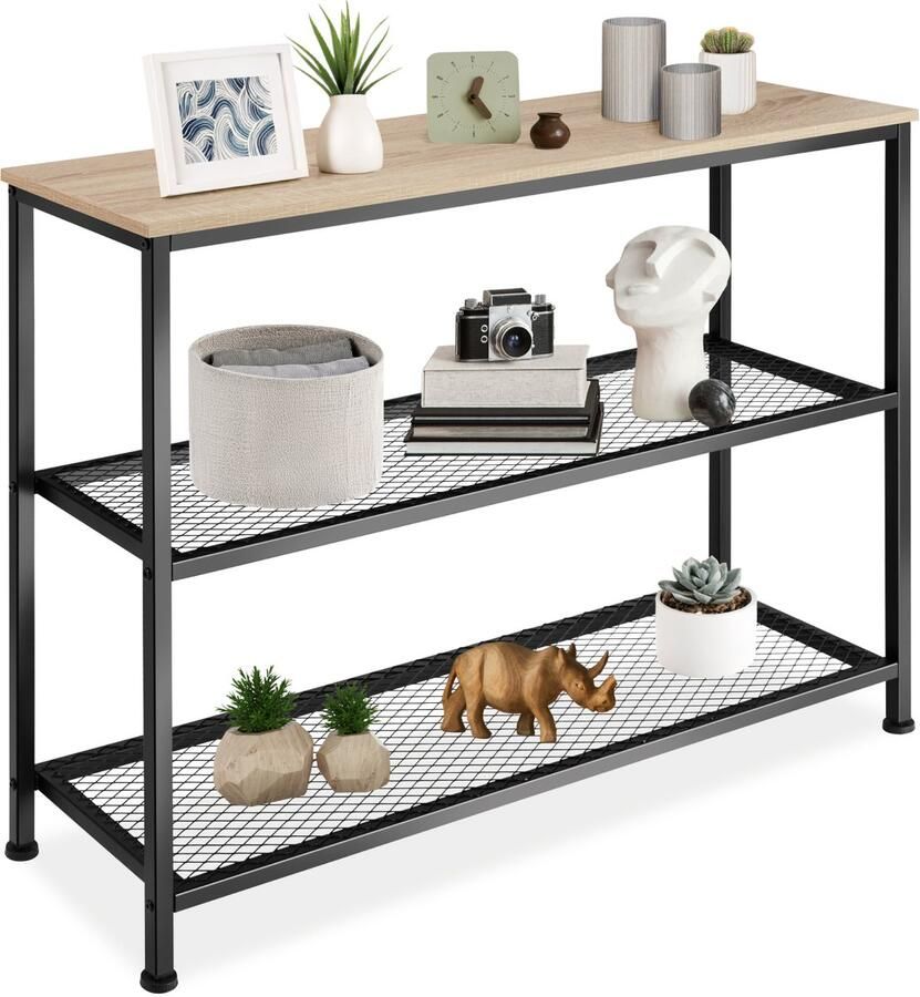 Tectake Consoletafel van hout en metaal Slanke haltafel 2 roosterplanken Perfect voor hal of woonkamer Industrieel design Zwart metalen frame Afmeting (LxBxH) 100 x 30 x 81 cm Lichtbruin