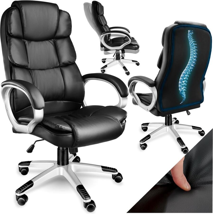 Tectake Directiestoel Ergonomische bureaustoel met 12 cm vulling In hoogte verstelbaar Zithoogte 47 55cm Draagkracht 120 kg Draaistoel met armleuningen en wipfunctie Pc-stoel met lederlook en wielen Zwart - Foto 2