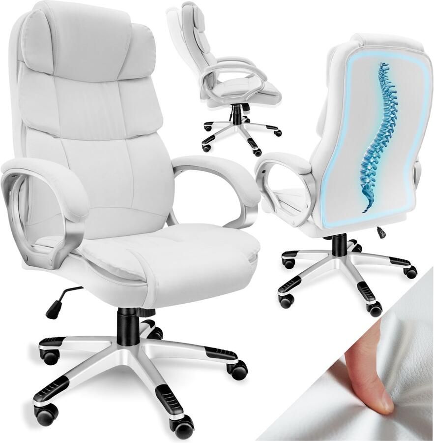 Tectake Directiestoel Ergonomische bureaustoel met 12 cm vulling In hoogte verstelbaar Zithoogte 47 55cm Draagkracht 120 kg Draaistoel met armleuningen en wipfunctie Pc-stoel met lederlook en wielen Wit - Foto 2