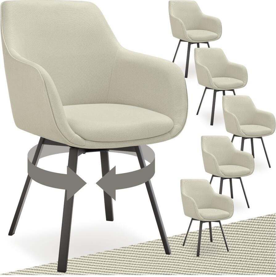 Tectake Draaibare eetkamerstoel Alicon gestoffeerd Stijl en Comfort in Één – bureaustoel – woonkamerstoel – fauteuil Set van 6 – Beige - Foto 2