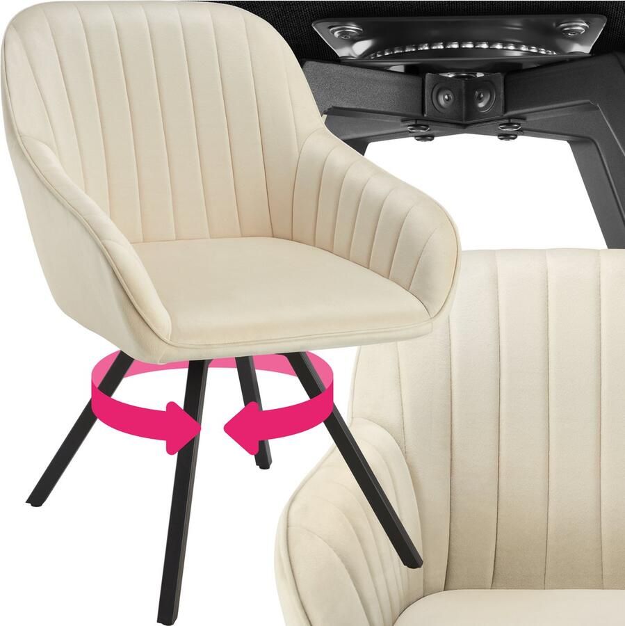 Tectake Draaibare Eetkamerstoel met armleuningen Ergonomische kuipstoel met fluwelen bekleding gewatteerd Draaistoel voor woonkamer eettafel studeerkamer kaptafel keukenstoel Crème