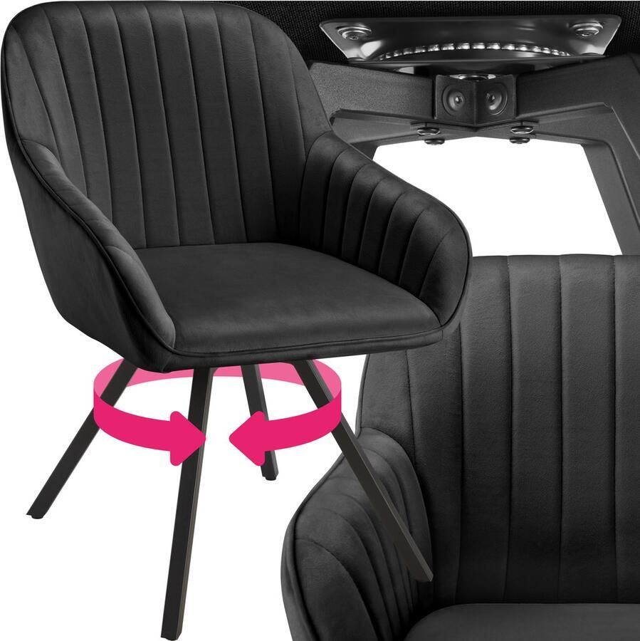 Tectake Draaibare Eetkamerstoel met armleuningen Ergonomische kuipstoel met fluwelen bekleding gewatteerd Draaistoel voor woonkamer eettafel studeerkamer kaptafel keukenstoel Zwart