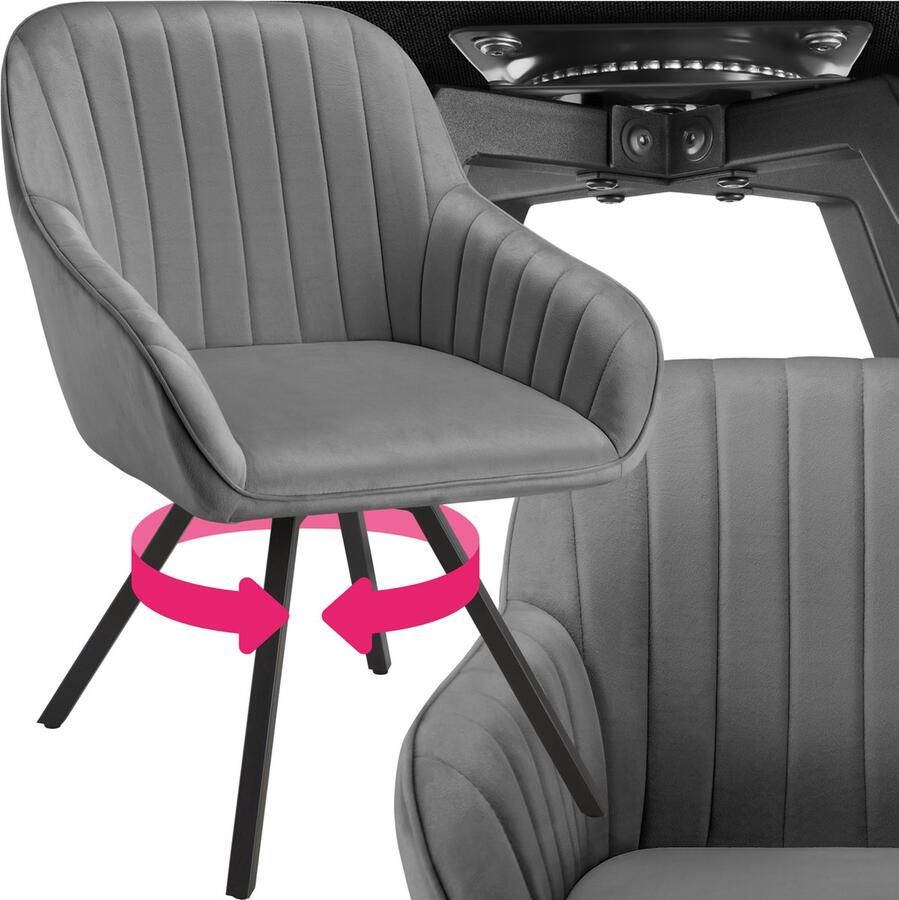 Tectake Draaibare Eetkamerstoel met armleuningen Ergonomische kuipstoel met fluwelen bekleding gewatteerd Draaistoel voor woonkamer eettafel studeerkamer kaptafel keukenstoel Grijs