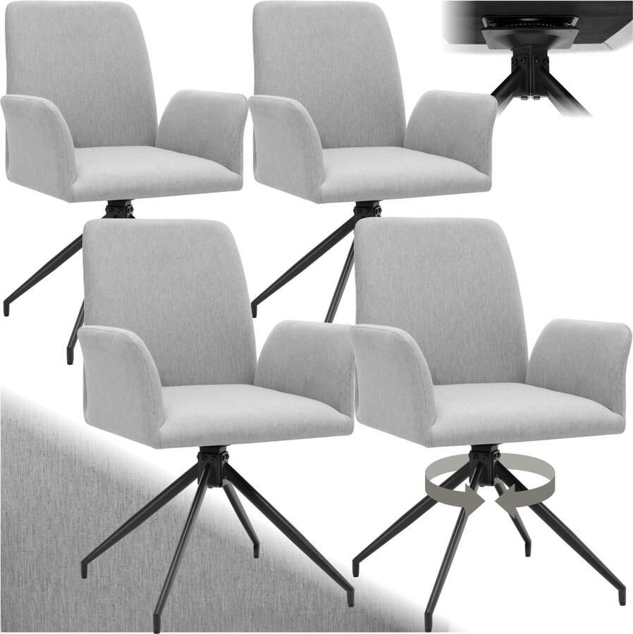 Tectake Draaifauteuil Daya Set van 4 Draaifauteuils met Armleuning 360° Draaibare Eetkamerstoel Draaibare Fauteuils Gestoffeerd Lichtgrijs