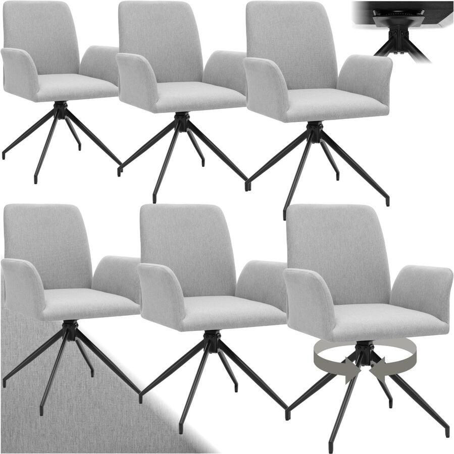 Tectake Draaifauteuil Daya Set van 6 Draaifauteuils met Armleuning 360° Draaibare Eetkamerstoel Draaibare Fauteuils Gestoffeerd Lightgrijs