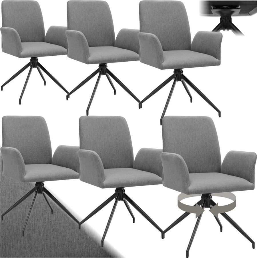 Tectake Draaifauteuil Daya Set van 6 Draaifauteuils met Armleuning 360° Draaibare Eetkamerstoel Draaibare Fauteuils Gestoffeerd Antraciet