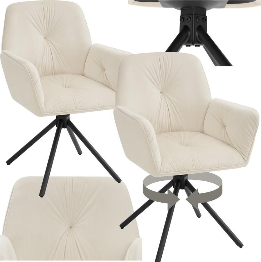Tectake Draaifauteuil Lenia Set van 2 Draaifauteuils met Armleuning Draaibare Eetkamerstoel Draaibare Fauteuils Gestoffeerd Fluweellook Crème Zwart