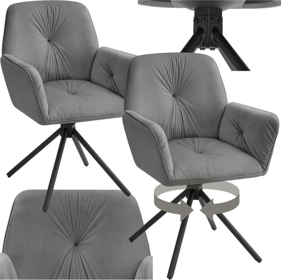 Tectake Draaifauteuil Lenia Set van 2 Draaifauteuils met Armleuning Draaibare Eetkamerstoel Draaibare Fauteuils Gestoffeerd Fluweellook Antraciet Zwart