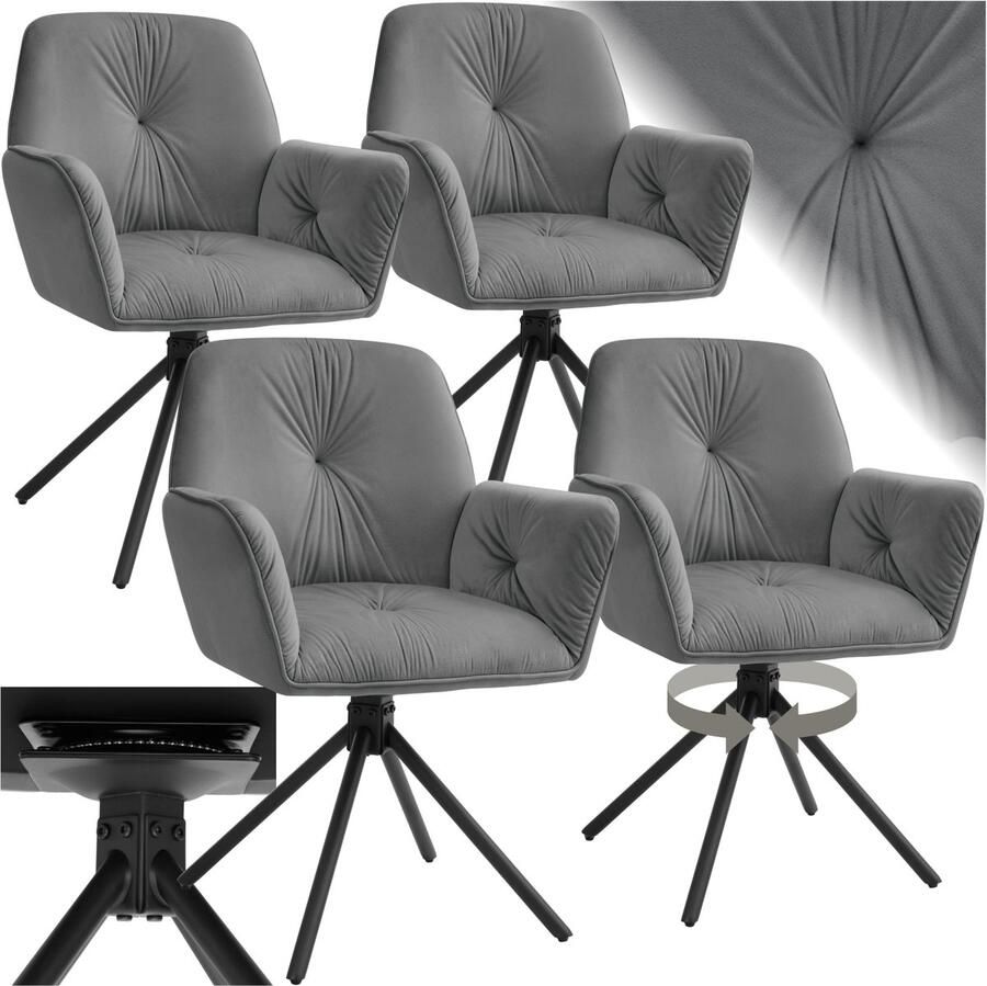 Tectake Draaifauteuil Lenia Set van 4 Draaifauteuils met Armleuning Draaibare Eetkamerstoel Draaibare Fauteuils Gestoffeerd Fluweellook Antraciet Zwart