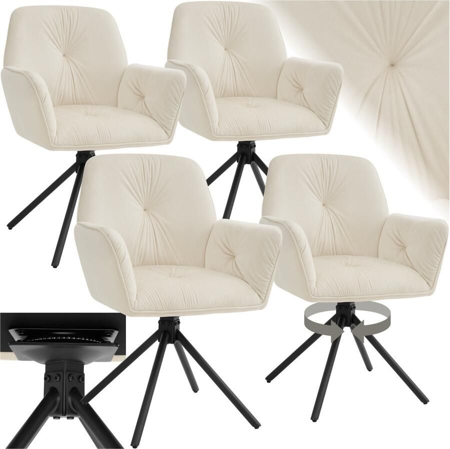 Tectake Draaifauteuil Lenia Set van 4 Draaifauteuils met Armleuning Draaibare Eetkamerstoel Draaibare Fauteuils Gestoffeerd Fluweellook Crème Zwart