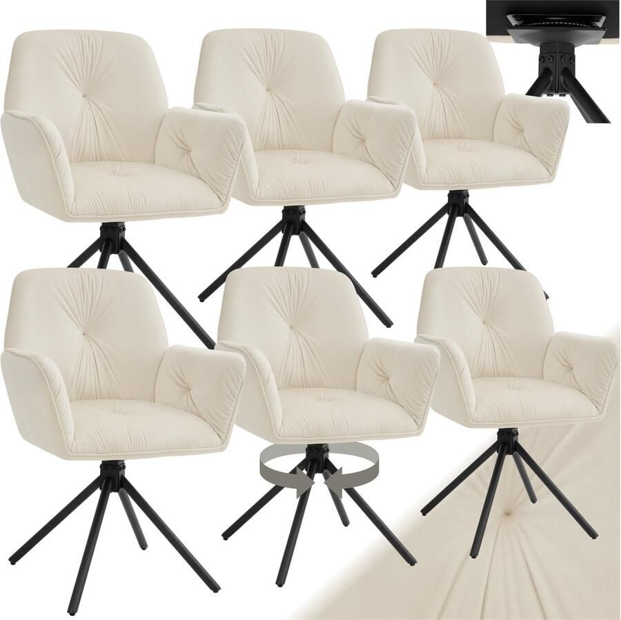 Tectake Draaifauteuil Lenia Set van 6 Draaifauteuils met Armleuning Draaibare Eetkamerstoel Draaibare Fauteuils Gestoffeerd Fluweellook Crème Zwart