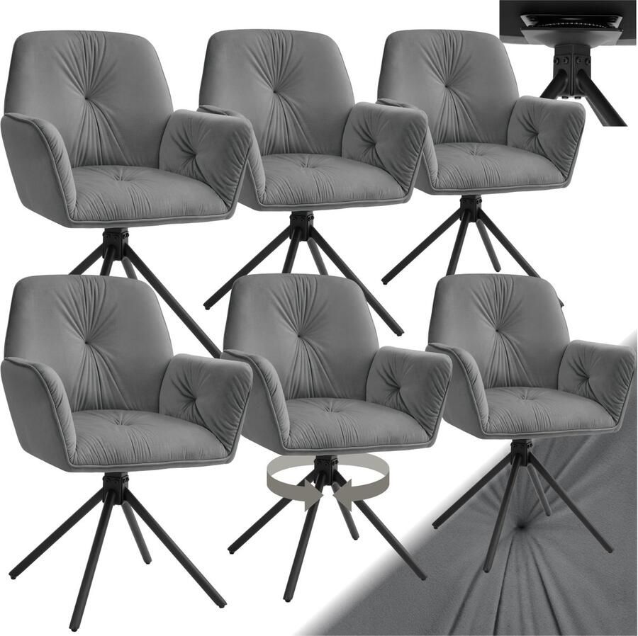 Tectake Draaifauteuil Lenia Set van 6 Draaifauteuils met Armleuning Draaibare Eetkamerstoel Draaibare Fauteuils Gestoffeerd Fluweellook Antraciet Zwart