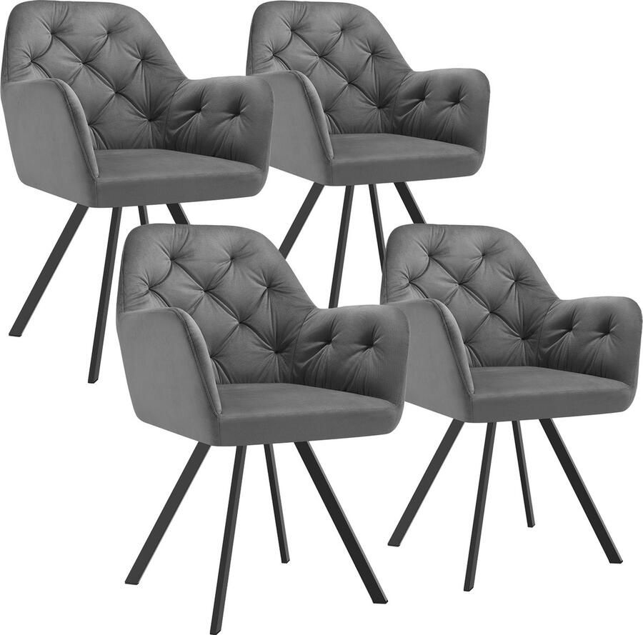 Tectake Draaistoel in fluweellook Eetkamerstoel met armleuningen Ergonomische zitting en rugleuning 180 graden draaibaar Moderne stoel met stalen poten kleuren Set van 4 Antraciet
