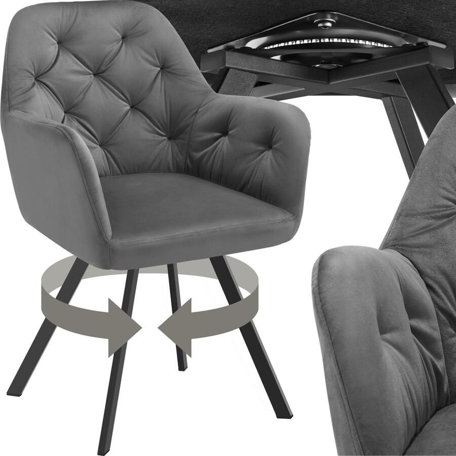 Tectake Draaistoel in fluweellook Eetkamerstoel met armleuningen ergonomische zitting en rugleuning 180 graden draaibaar moderne stoel met stalen poten div kleuren antraciet