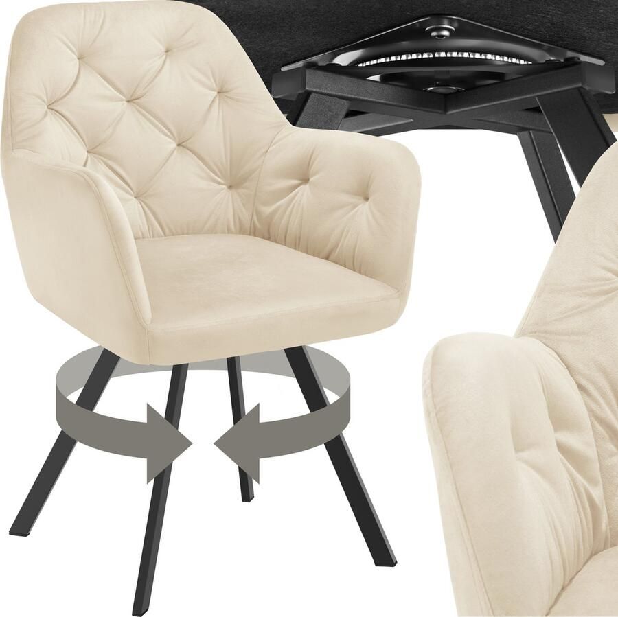 Tectake Draaistoel in fluweellook Eetkamerstoel met armleuningen ergonomische zitting en rugleuning 180 graden draaibaar moderne stoel met stalen poten div kleuren creme