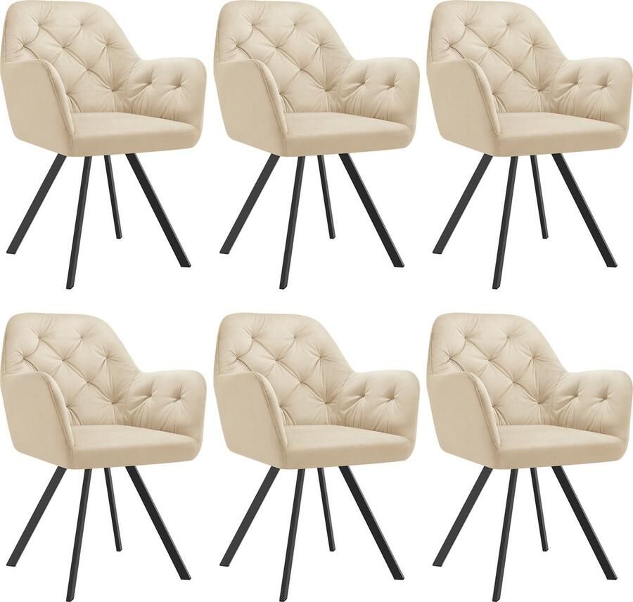 Tectake Draaistoel in fluweellook Eetkamerstoel met armleuningen Ergonomische zitting en rugleuning 180 graden draaibaar Moderne stoel met stalen poten kleuren Set van 6 Crème
